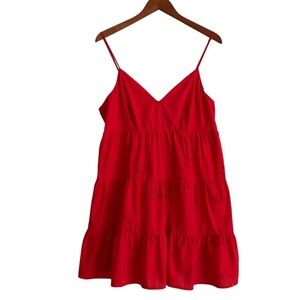 LOFT Tiered Babydoll VNeck Mini Dress Sz L Red Eyelet Boho Swing Vacation Beachy
